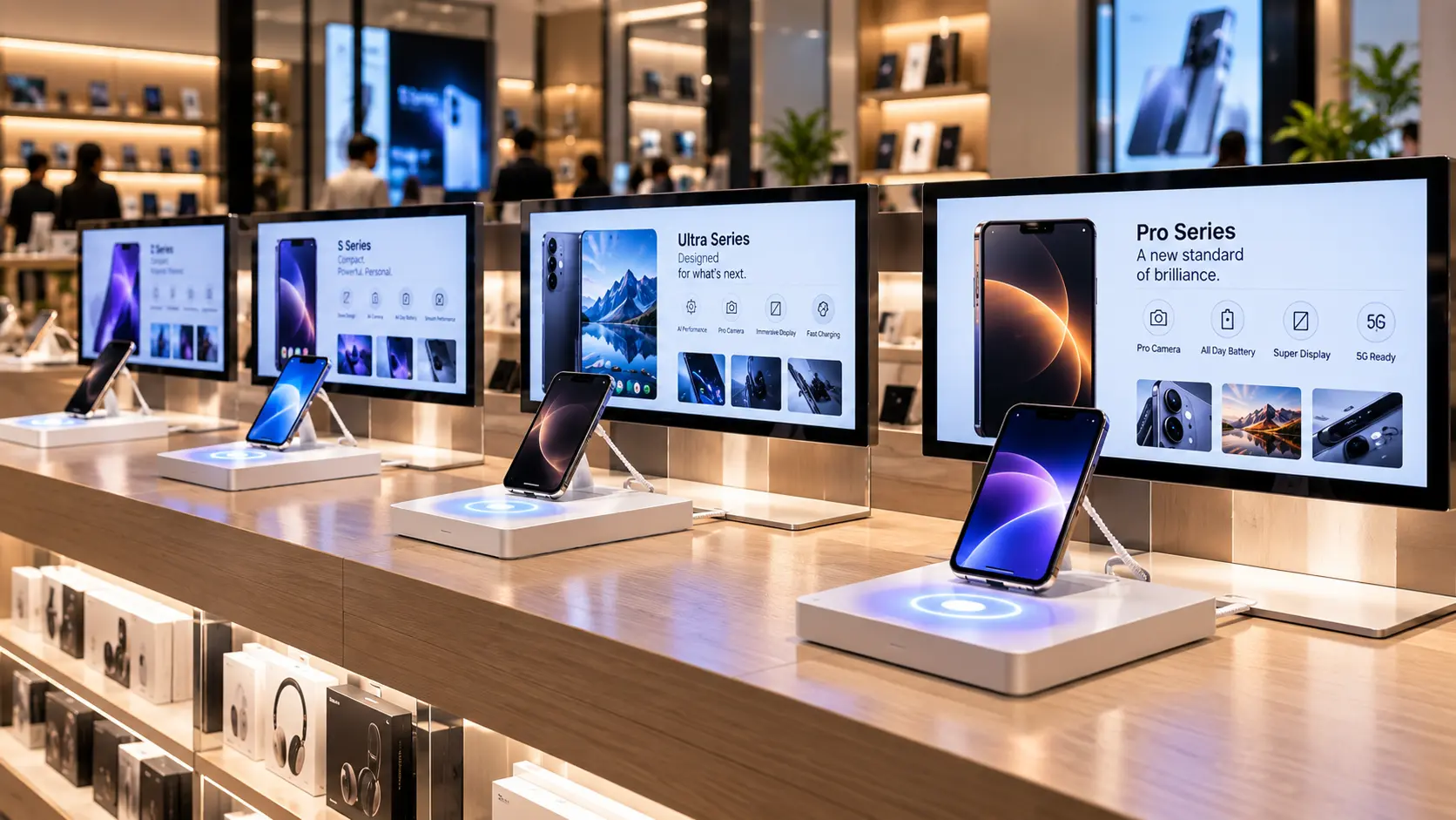 Shopper lifting a smartphone with product content on screen